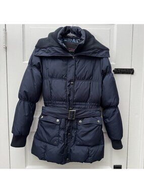 Betsey Johnson Navy Blue Down Puffer Coat Belted Leopard Lined Women's S